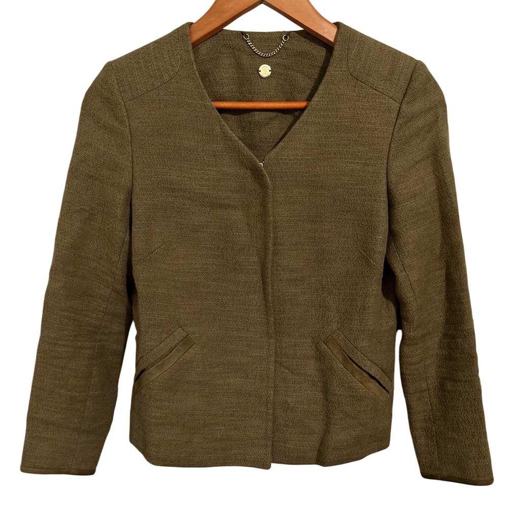 Massimo Dutti Women's Green Zip Up Jacket Faux Pockets Linen Blend Size 2